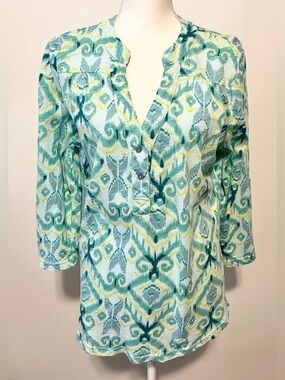 Fresh Produce Cotton IKAT Print Tunic Top. V Neck, 3/4 Sleeves, Green/Wht Sz XL